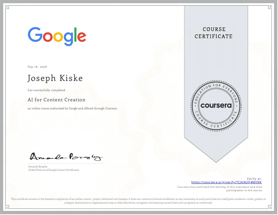AI for Content Creation certificate issued to Joseph Kiske