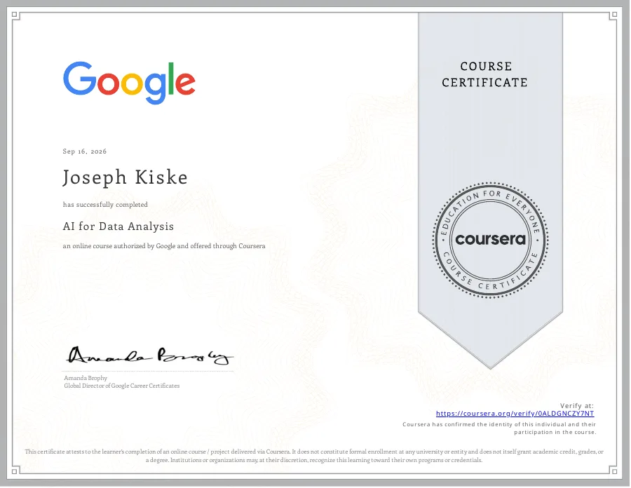 AI for Data Analysis certificate issued to Joseph Kiske