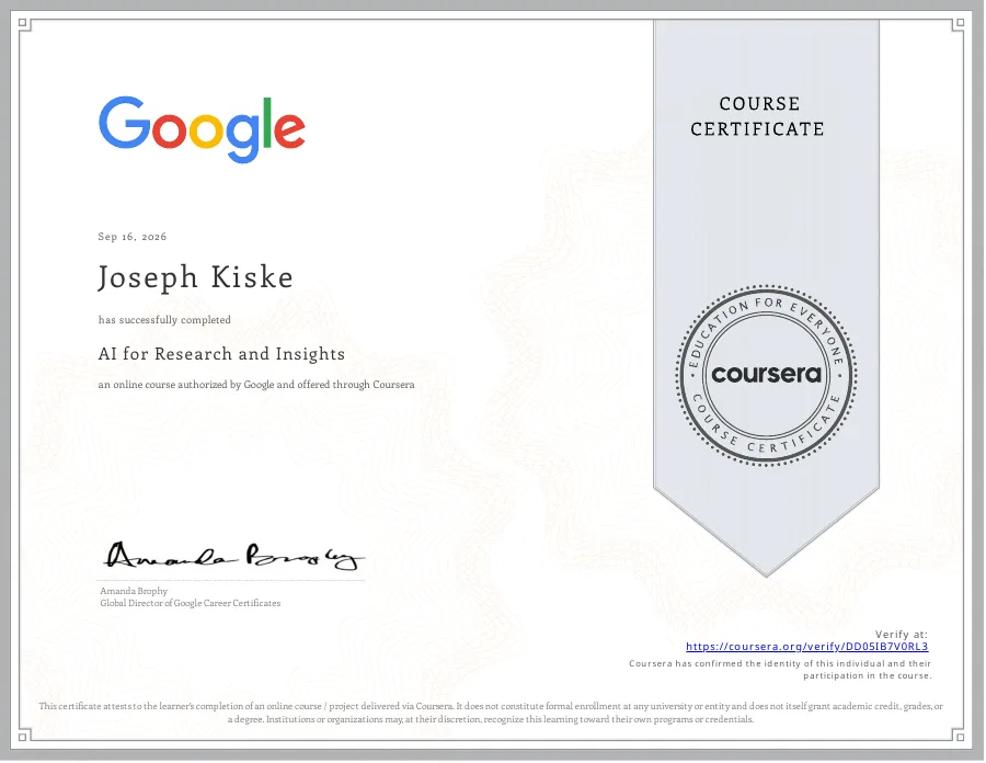 AI for Research and Insights certificate issued to Joseph Kiske