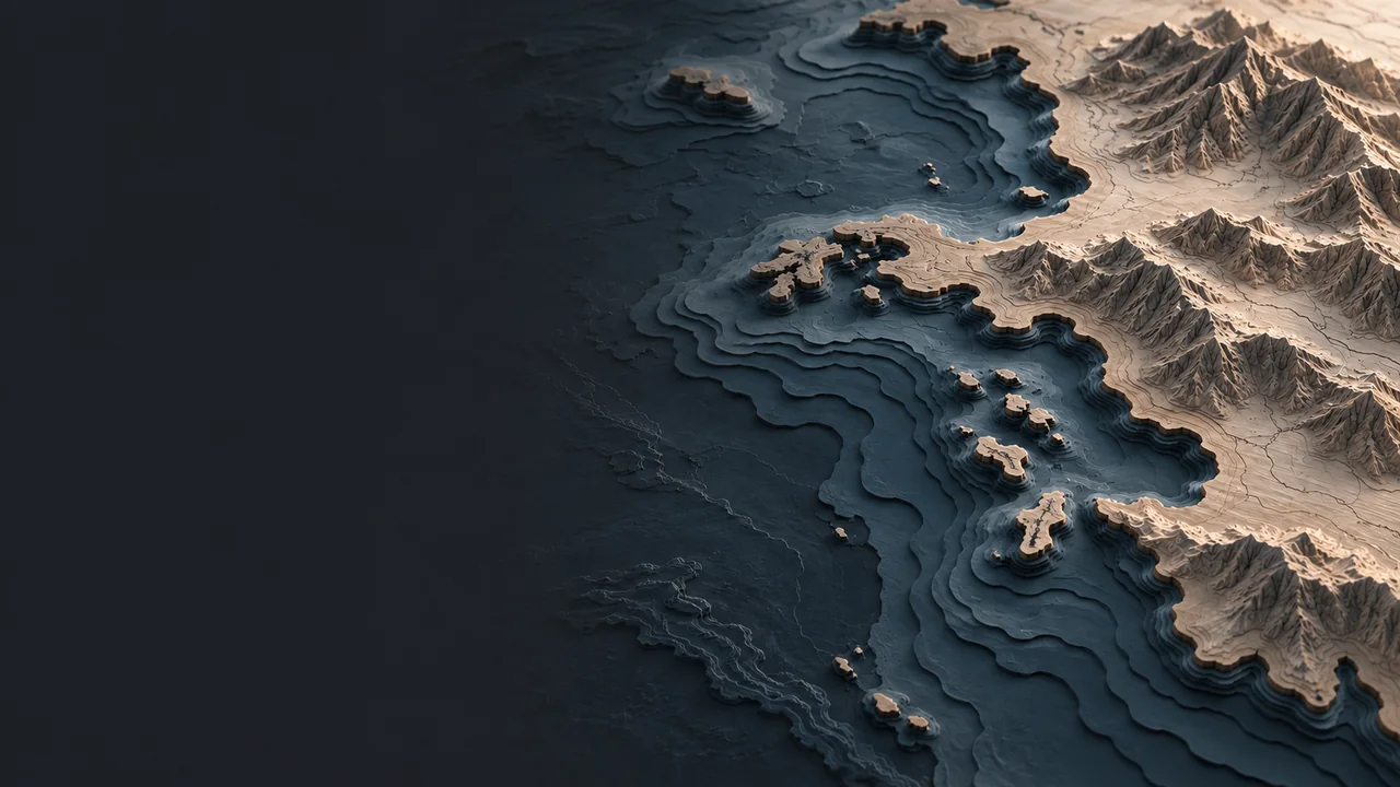 Layered coastal terrain map with dark blue water and sculpted mountain contours