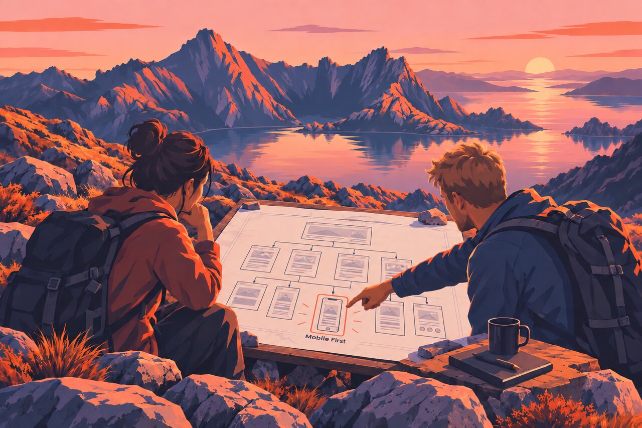 Two collaborators review a mobile-first site plan.