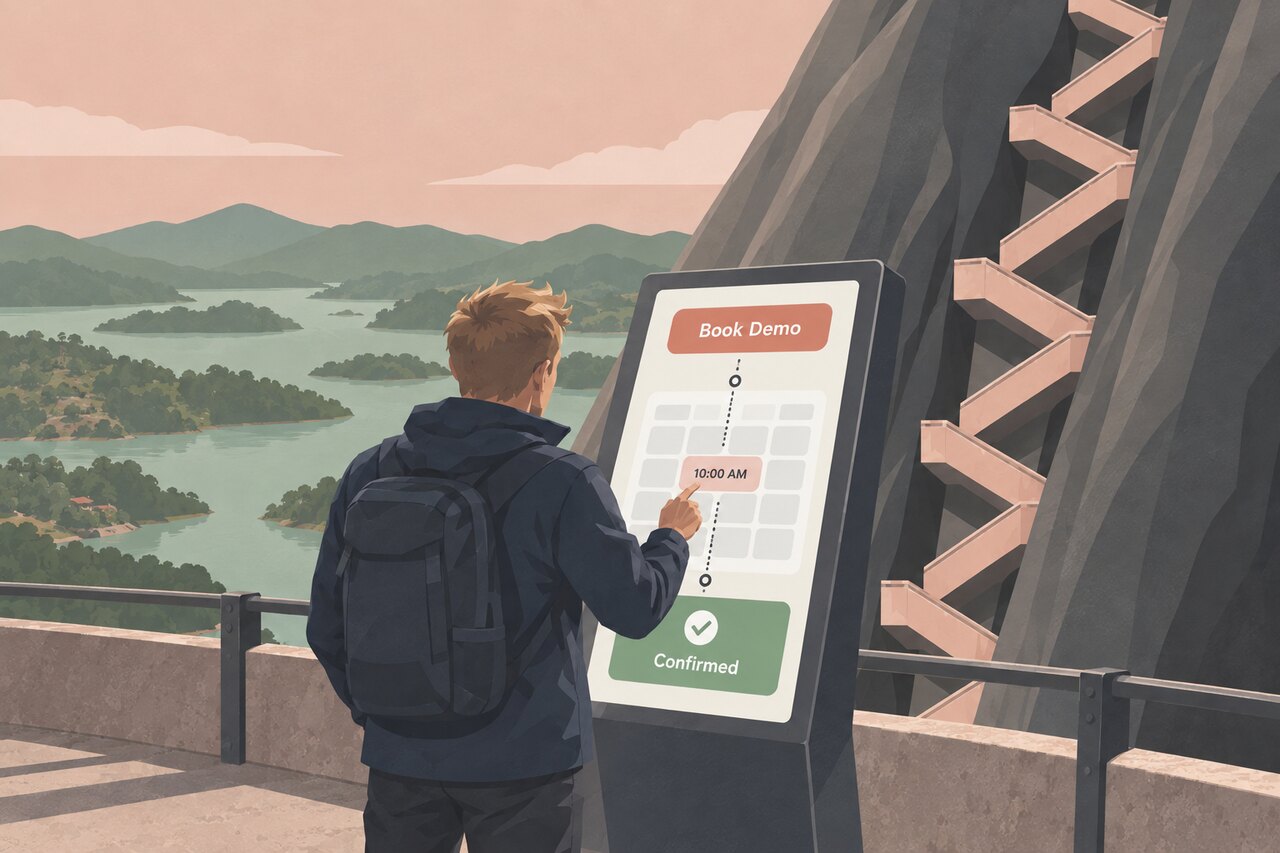A visitor selects a demo time on a booking screen.