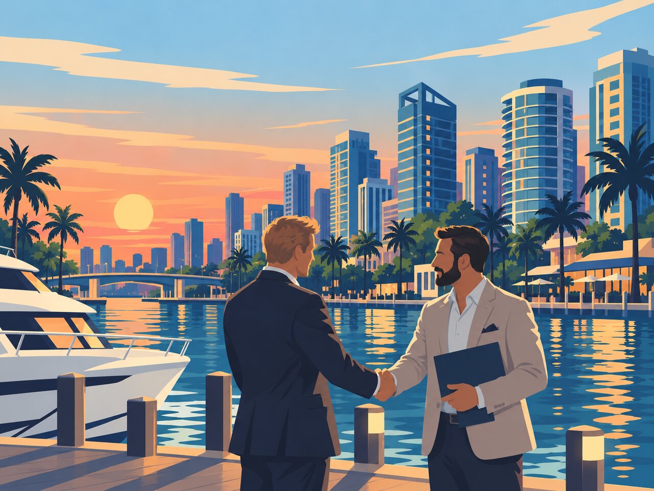 Two business partners shake hands beside the Fort Lauderdale waterfront.