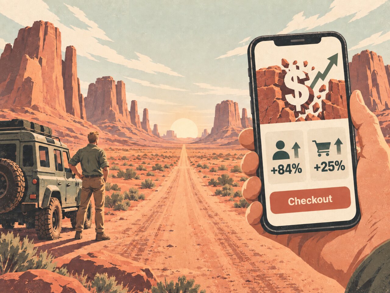 An illustrated mobile checkout shows gains in leads and sales.