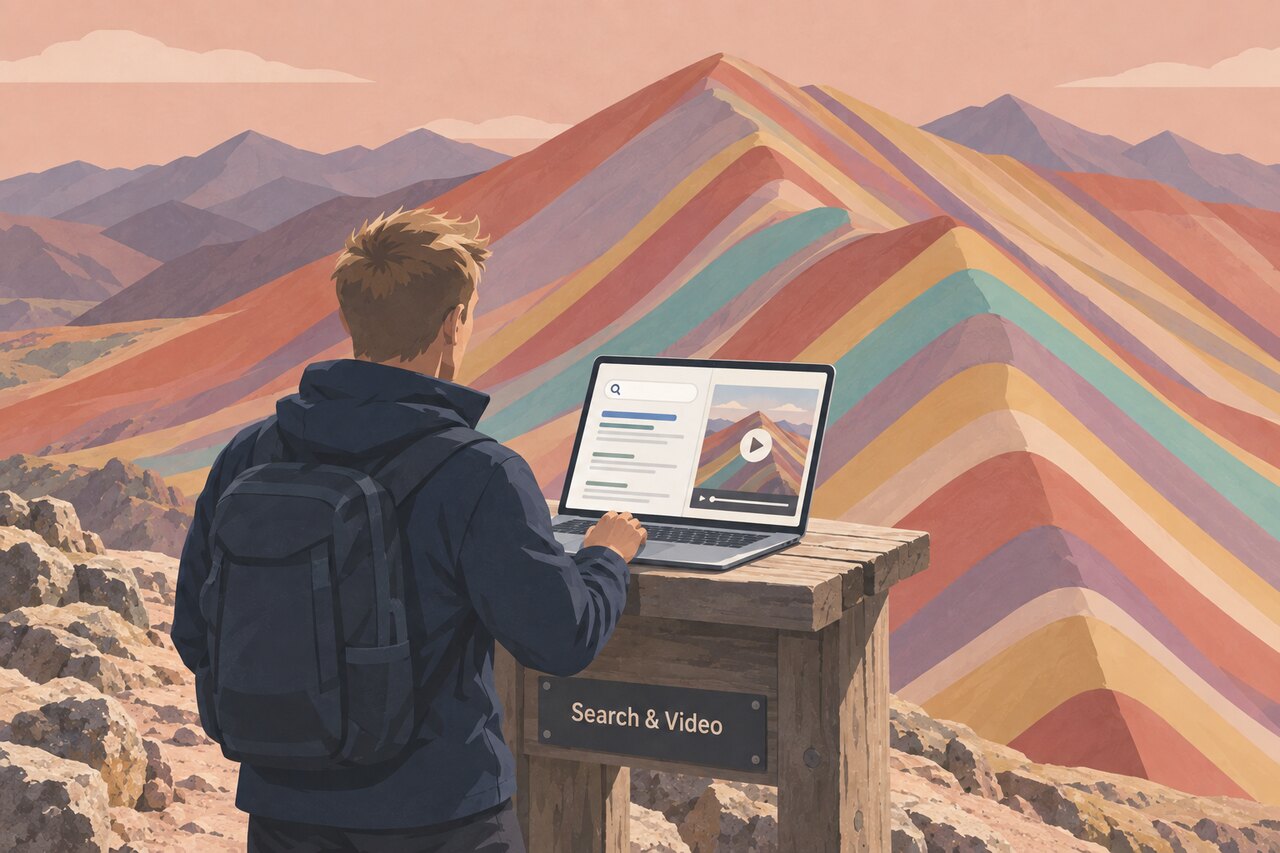 A shopper examines search results and a product video on a laptop.