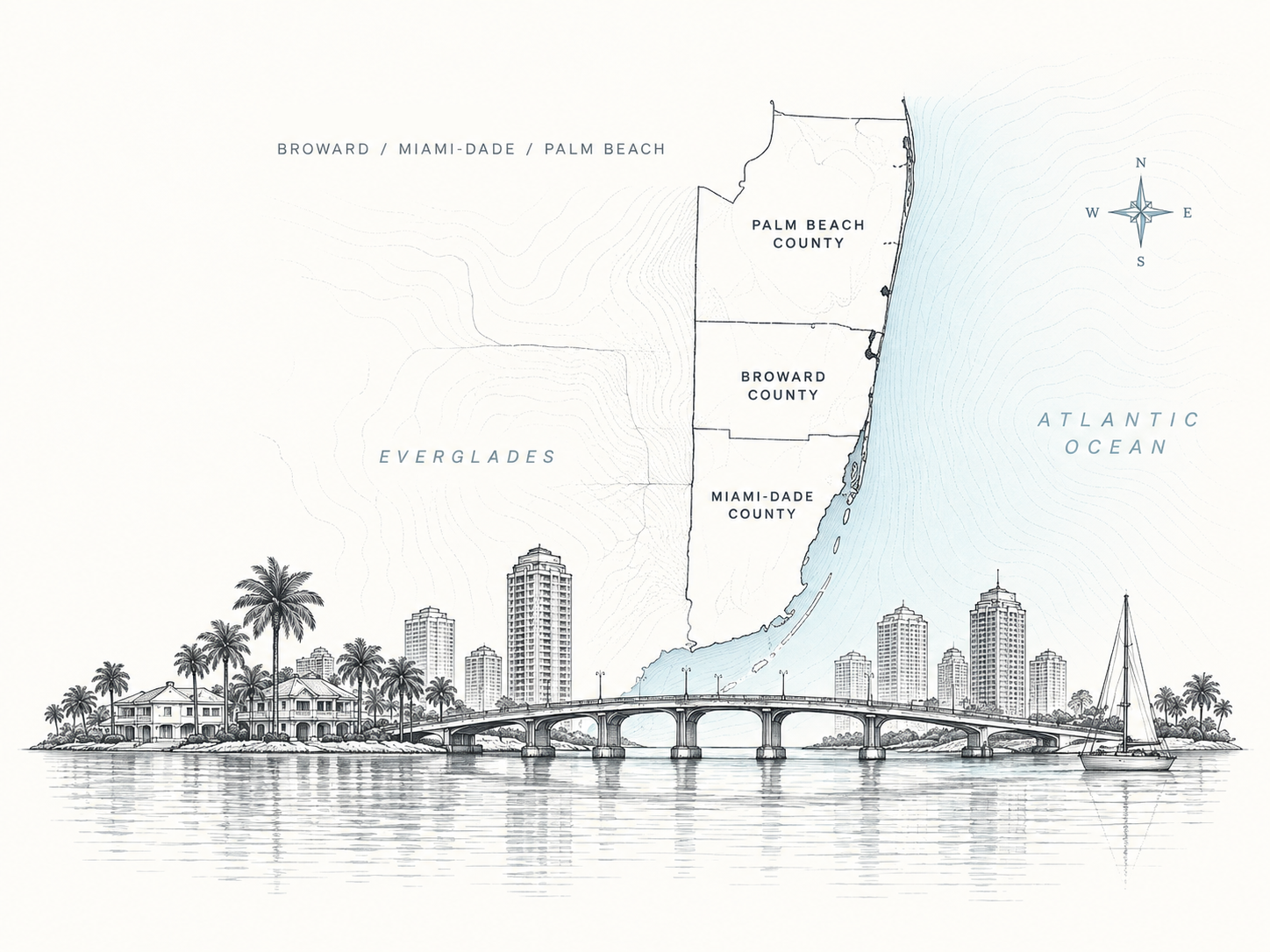 Illustrated South Florida service area map showing Palm Beach, Broward and Miami-Dade counties.